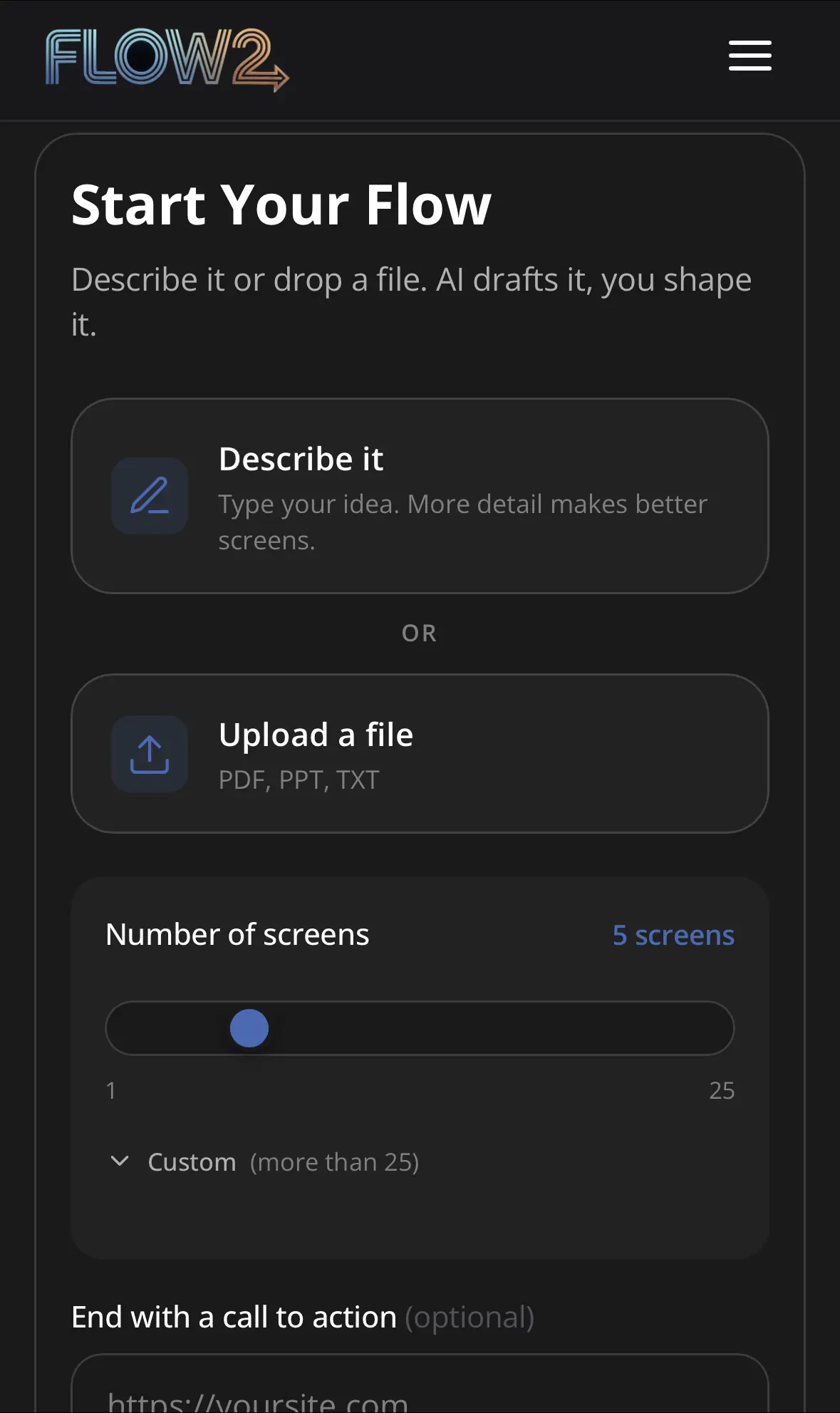 The Flow2 create form on mobile